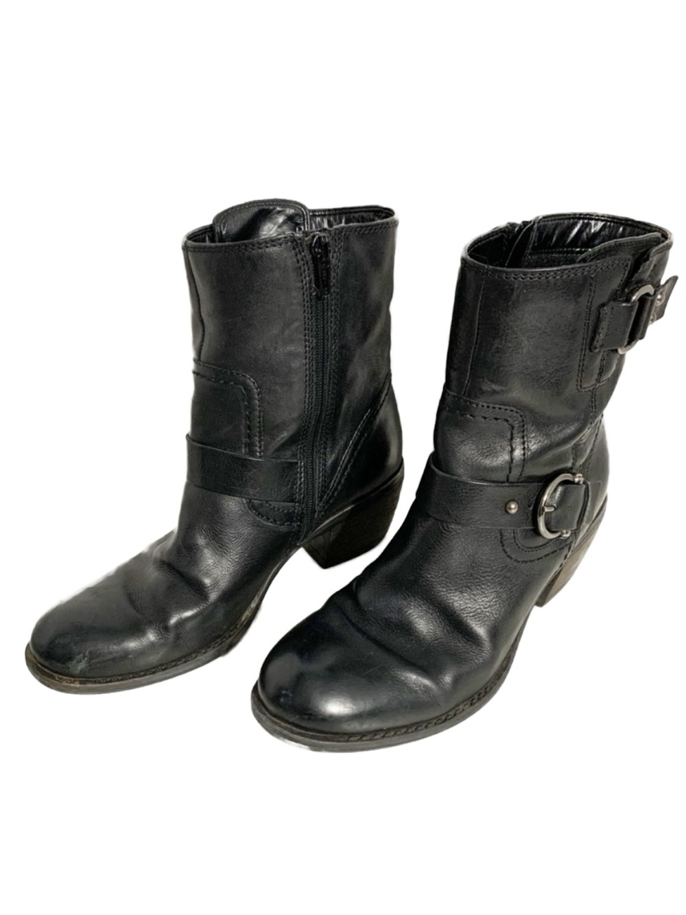 Clarks Mascarpone Moto Leather Ankle Booties Buckle Stacked Wooden Heel Side Zip